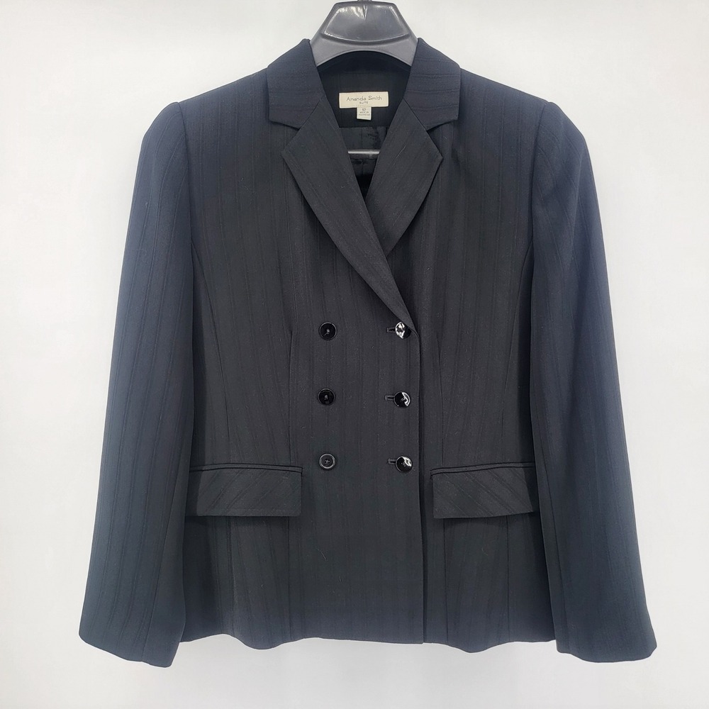 Amanda Smith Double Breasted Blazer Womens Size 12 Black Striped Business Career